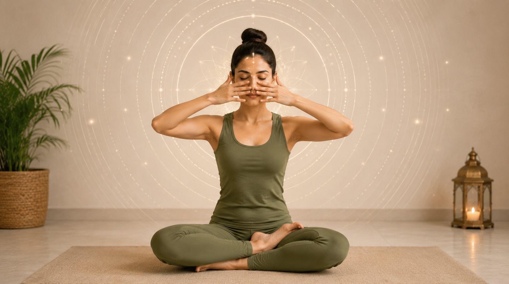 Yoga practitioner performing Shanmukhi Mudra in Bhramari Pranayama with vibration resonance waves