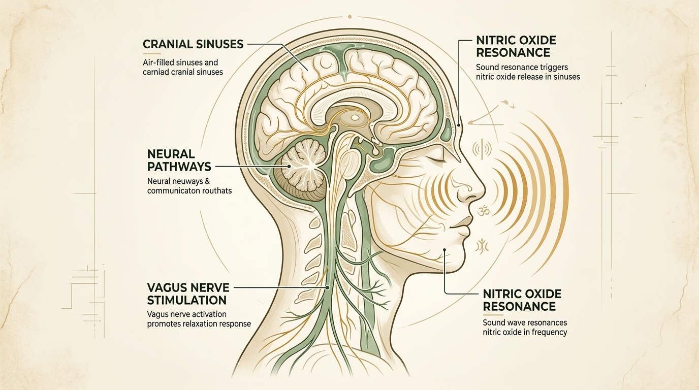 Scientific illustration of cranial sinuses, vagus nerve stimulation, and nitric oxide resonance during Bhramari Pranayama