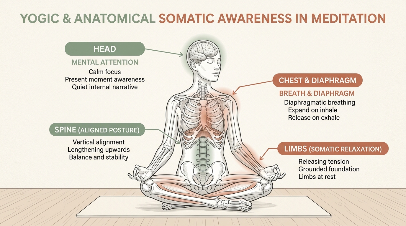 Yogic and anatomical somatic awareness in meditation showing head, chest, spine and limbs