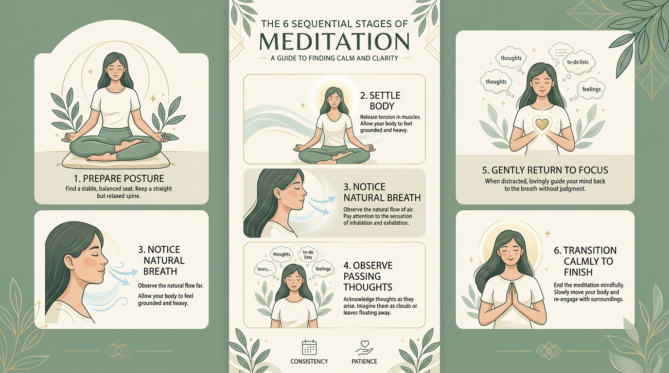 Infographic showing 6 sequential stages of meditation