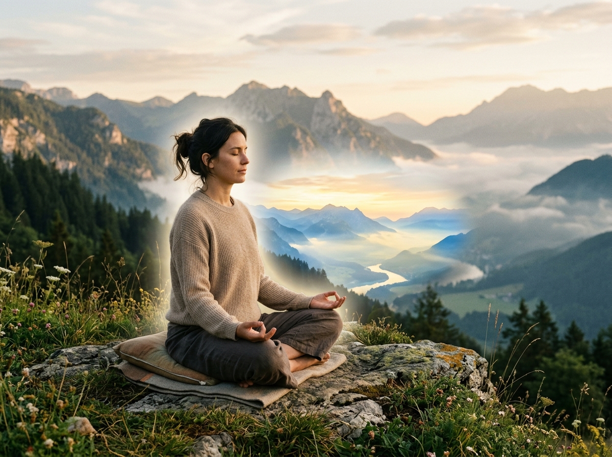 Visualization Meditation showing imagined mountain lake scenery