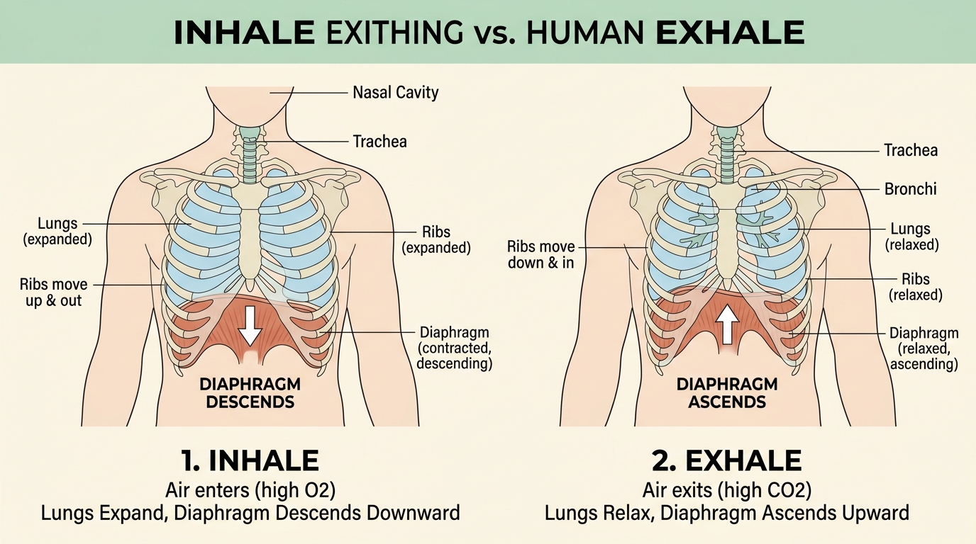 Educational respiratory anatomy illustration comparing Inhale and Exhale mechanics