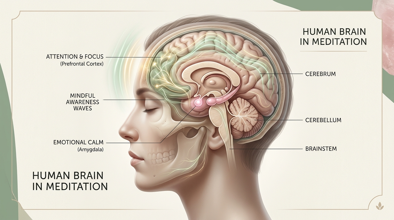 Scientific 3D-style illustration of human brain in profile during meditation showing Attention, Awareness, and Emotional Calm