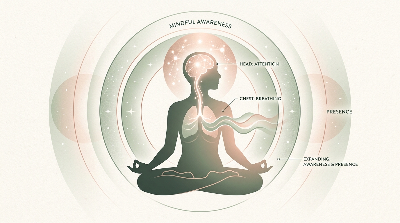Educational infographic showing Attention in head, Breathing in chest, Awareness rings, and Presence