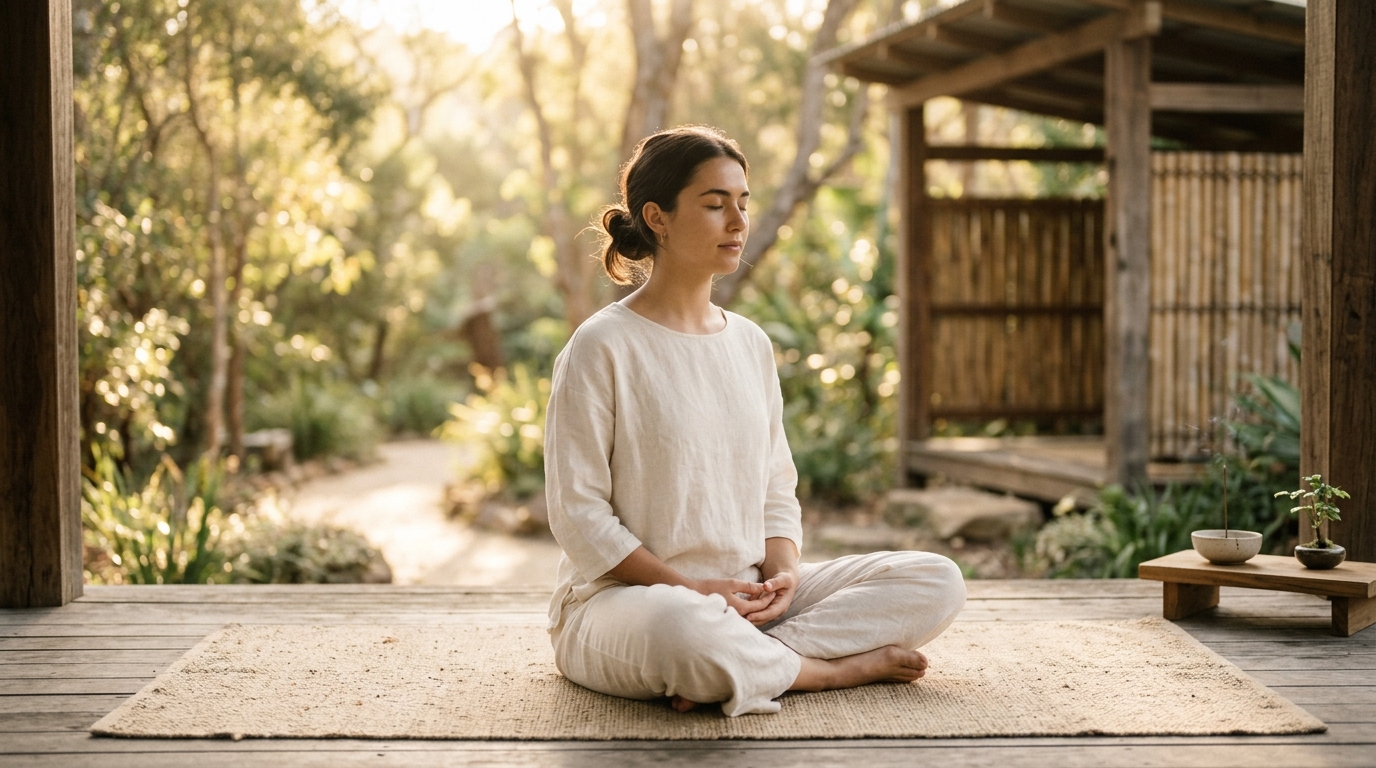Peaceful person practicing meditation in a serene natural morning environment